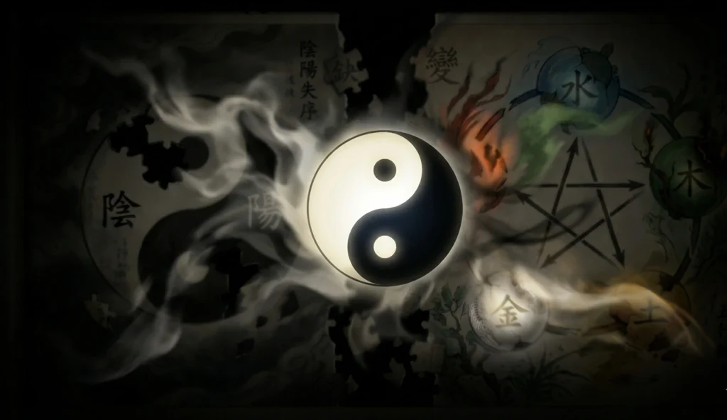 A Yin Yang symbol changes direction while surrounding forms remain undefined and unclear.