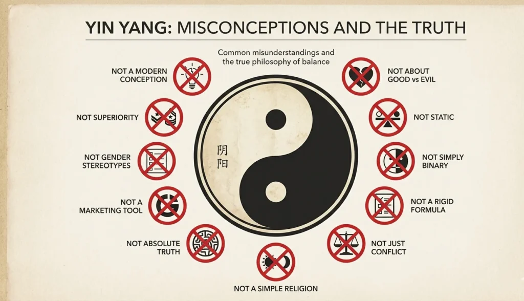 An Illustration of Yin yang symbols with crossed icons representing common misconceptions