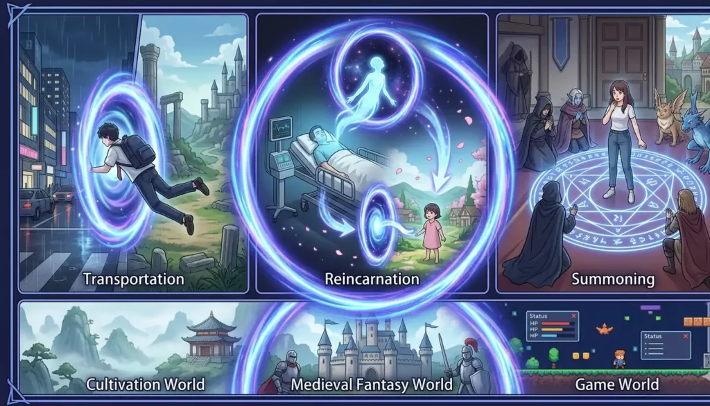 Isekai narrative device triptych showing transportation reincarnation and summoning variants each leading to different destination world types