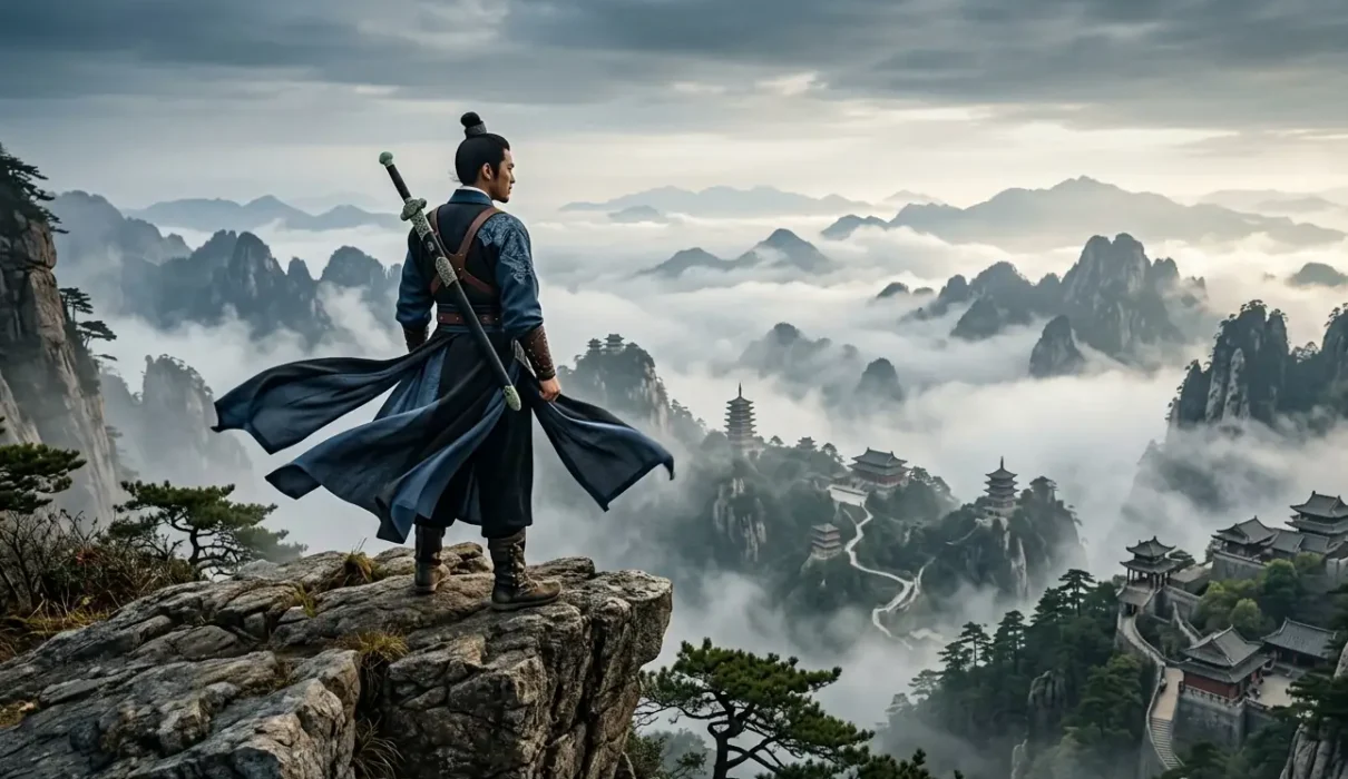 Lone swordsman standing above the vast Jianghu world at sunrise.