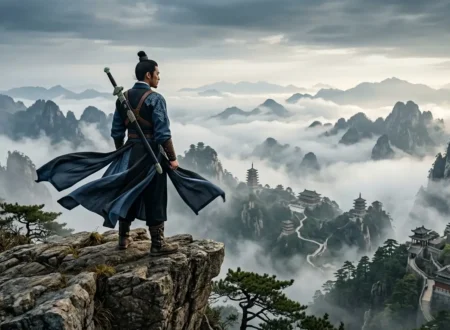 Lone swordsman standing above the vast Jianghu world at sunrise.
