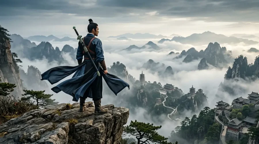 Lone swordsman standing above the vast Jianghu world at sunrise.