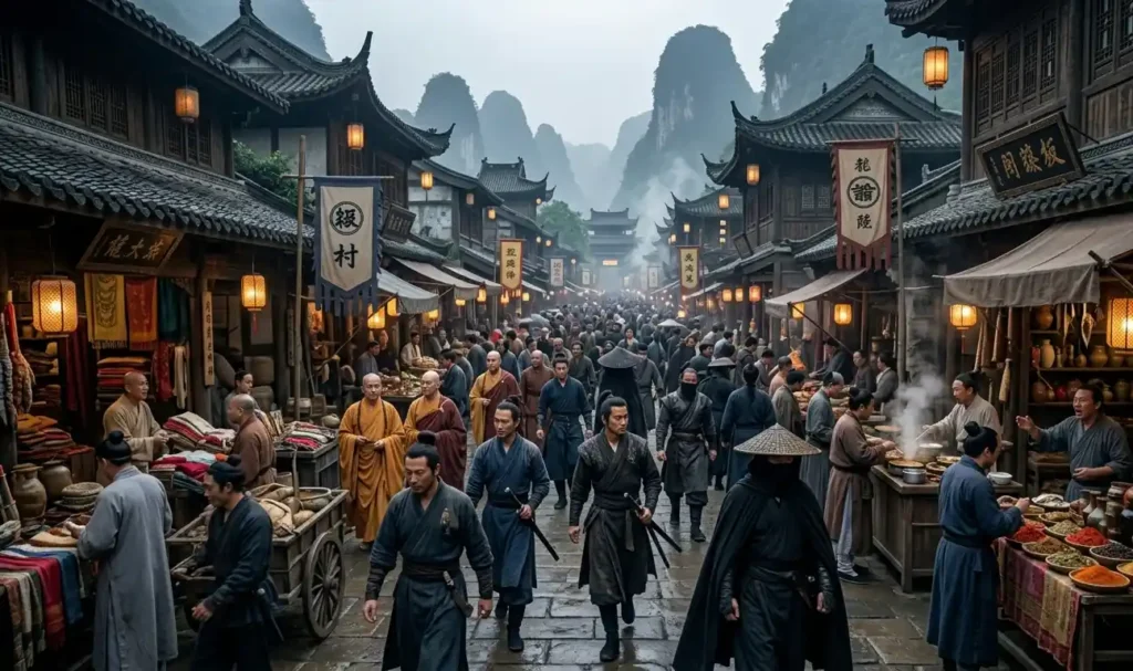 Warriors and travelers gathering in a busy Jianghu marketplace.