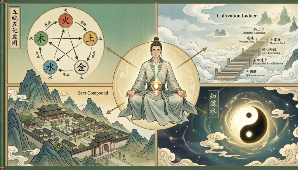 Xianxia genre definition diagram showing cultivation system dao philosophy realm ladder and Chinese cultural framework around a central cultivator