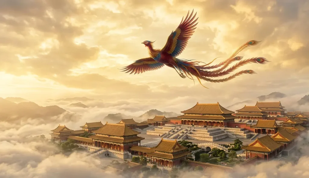 Sacred Fenghuang flying above imperial Chinese architecture.