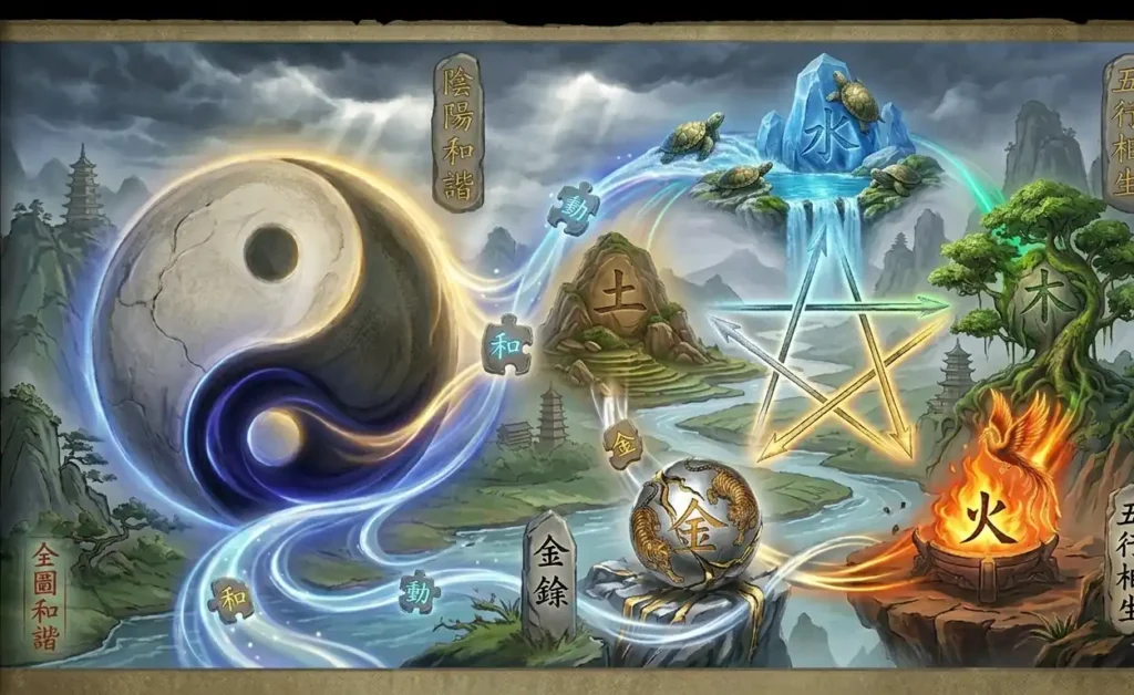 The Five Elements surround the Yin Yang symbol with distinct natural forms.