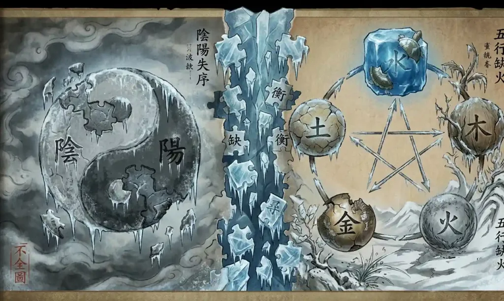 The Five Elements circle appears static without flowing movement or transformation.