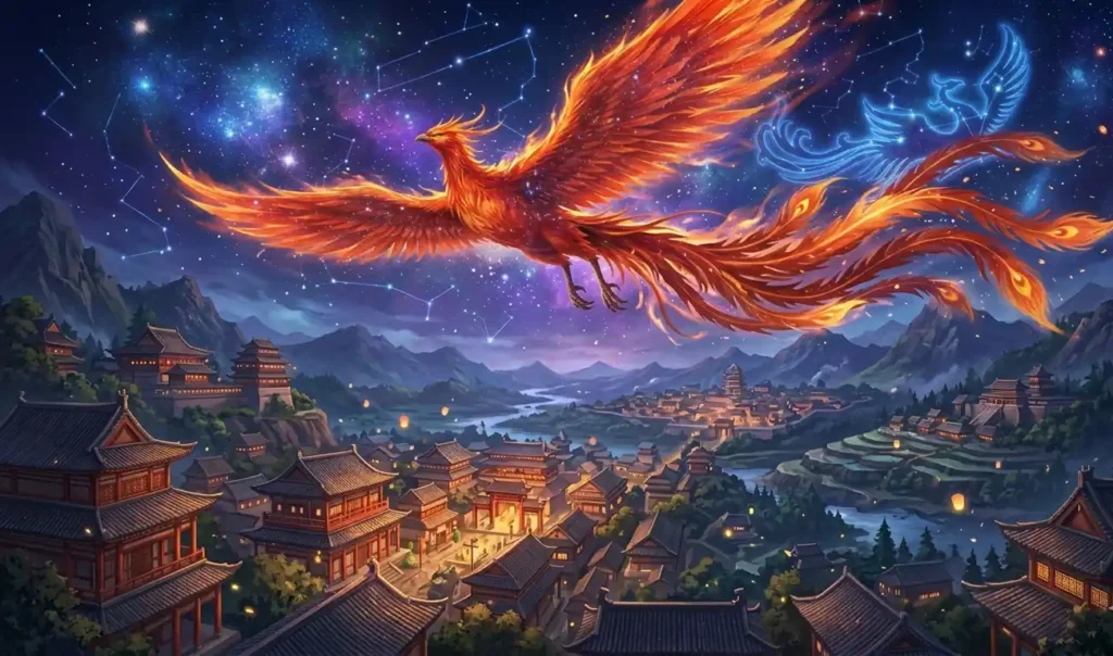Vermilion Bird glowing with flames beneath the stars.