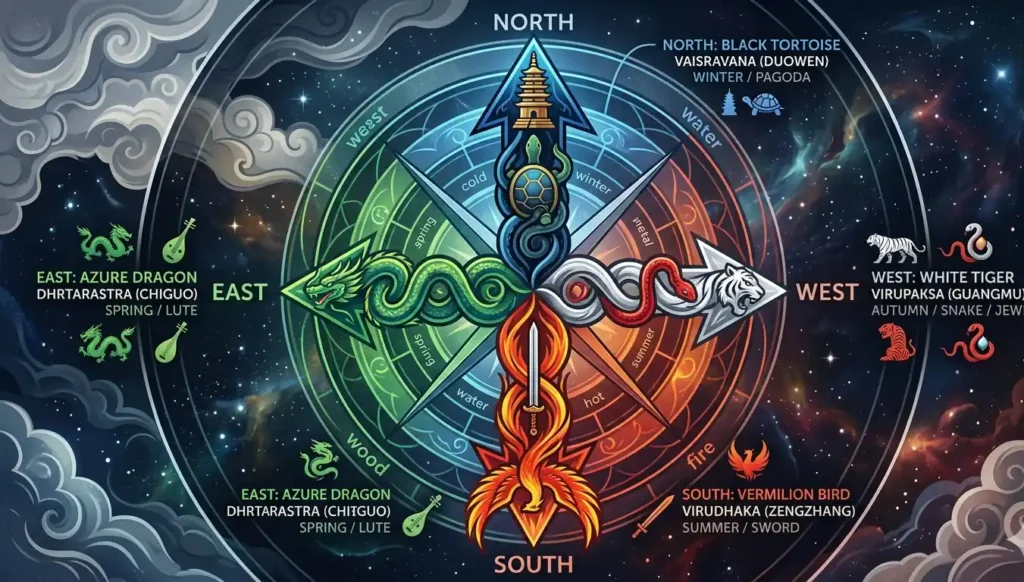 Compass showing shared directional symbolism between two myth systems