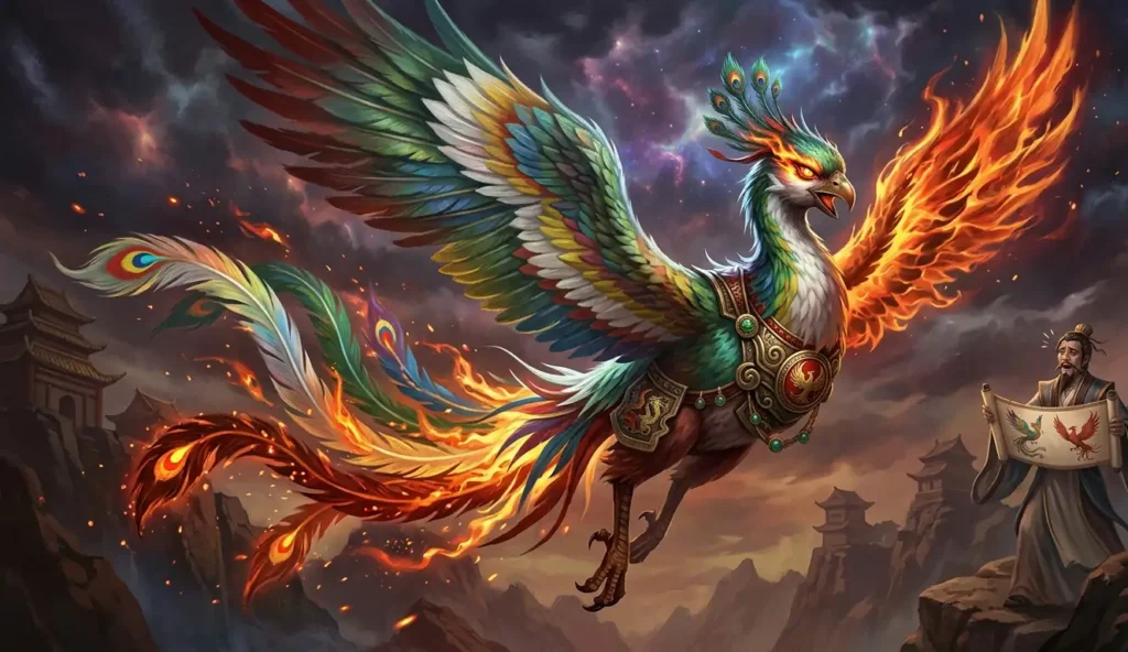 Fantasy depictions blending two distinct Chinese mythological birds.