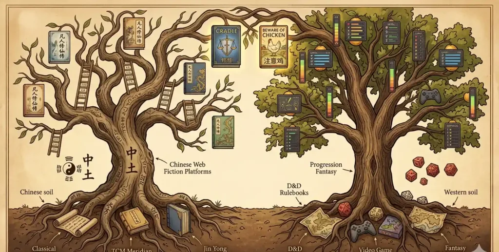 Two literary genealogy trees showing cultivation novels growing from Daoist Chinese roots and progression fantasy from RPG gaming roots with hybrid branches meeting at top