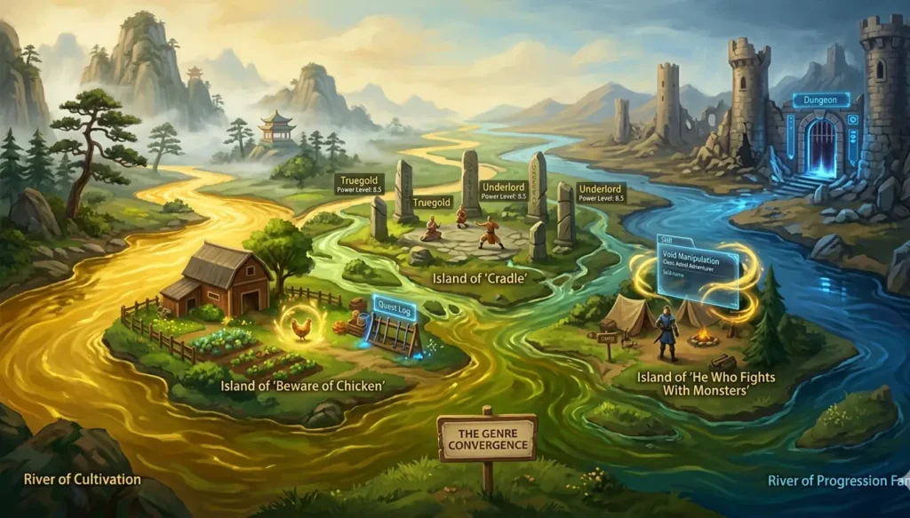 Genre convergence illustration showing cultivation golden river and progression fantasy blue river meeting in a hybrid delta where works like Cradle and Beware of Chicken emerge