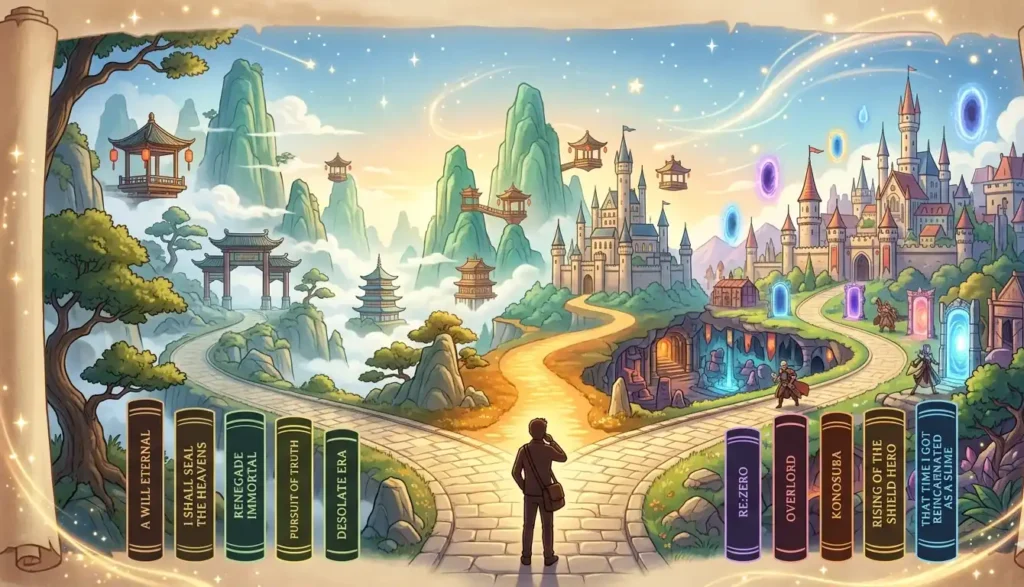 Fantasy landscape branching path showing a xianxia mountain road and isekai portal road diverging from a reader figure