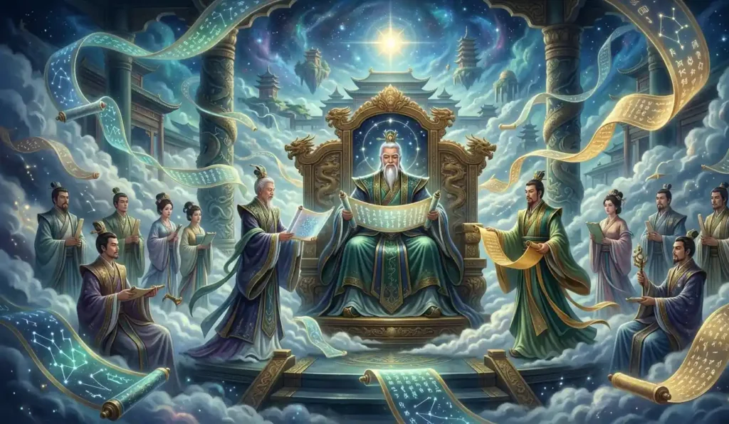 Jade Emperor presiding over the Heavenly Court with officials.
