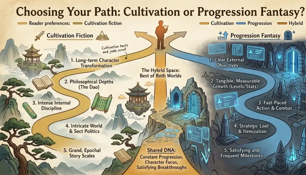 Reader decision guide branching path showing cultivation novel path into Chinese mountain landscape and progression fantasy path into Western dungeon with hybrid middle route