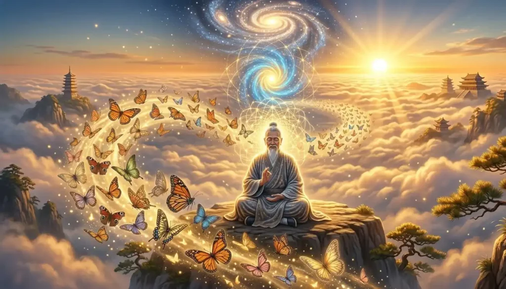 Daoist immortal meditating peacefully above the clouds.