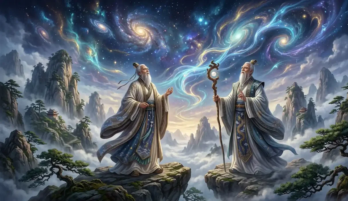 Immortality Pursuit - Daoist master surrounded by cosmic energy beneath sacred mountains.