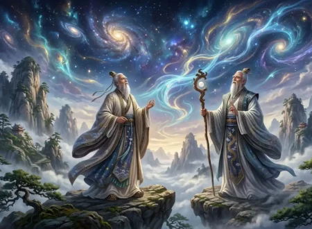 Immortality Pursuit - Daoist master surrounded by cosmic energy beneath sacred mountains.