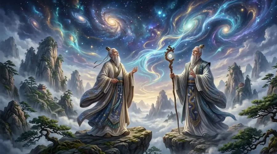 Immortality Pursuit - Daoist master surrounded by cosmic energy beneath sacred mountains.