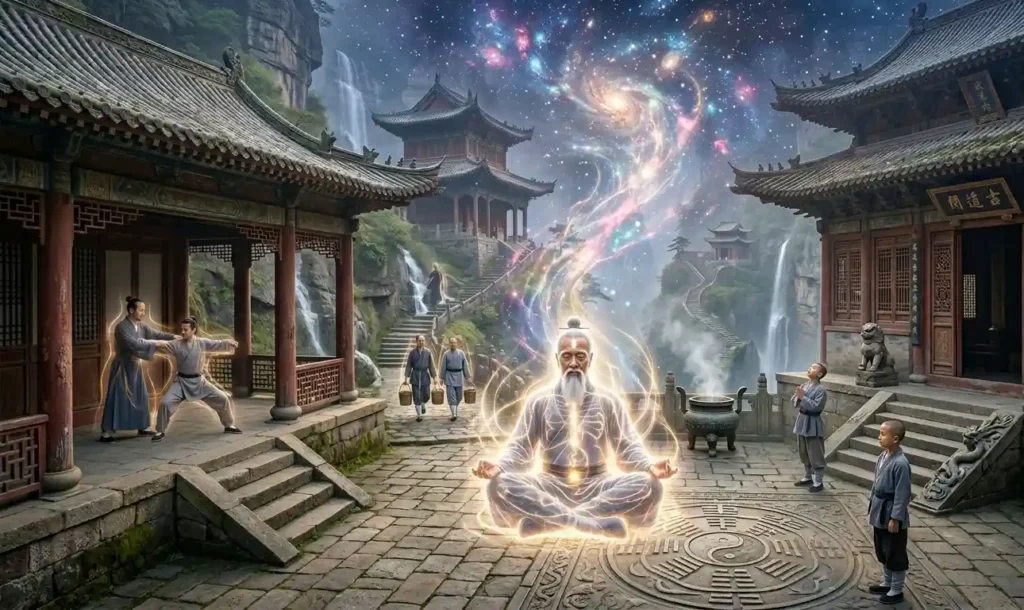 Daoist meditation connecting human spirit with cosmic harmony.