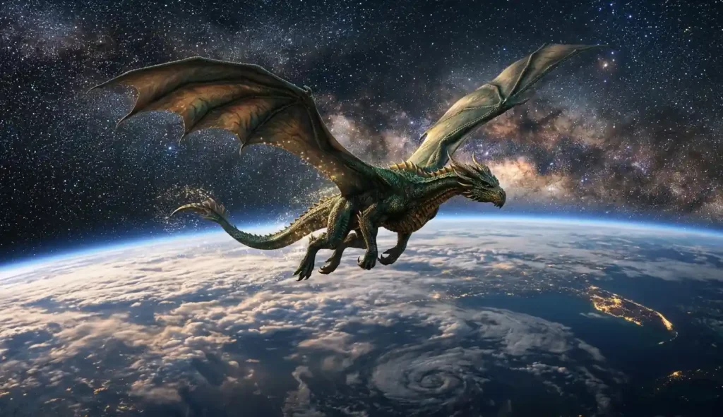 Mythic dragon soaring above the world beneath the night sky.