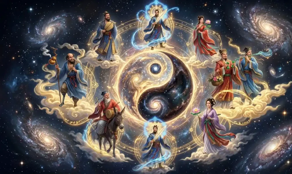 Eight Immortals arranged in a symbolic cosmic formation.