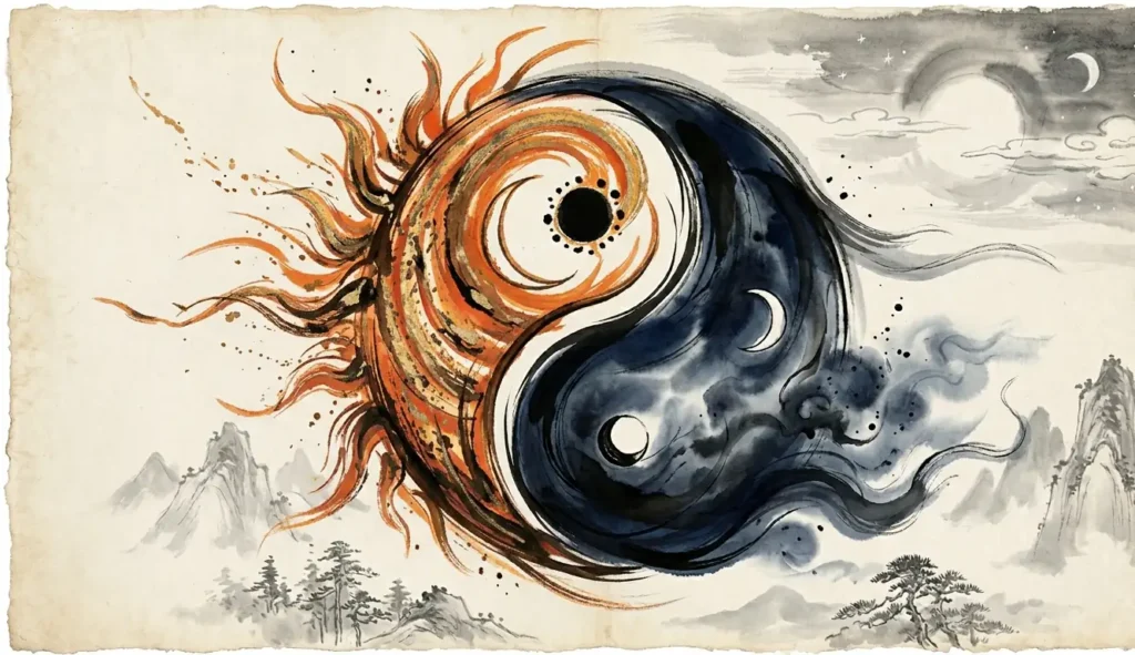Ink painting of sun and moon forming yin yang symbol in traditional Chinese style
