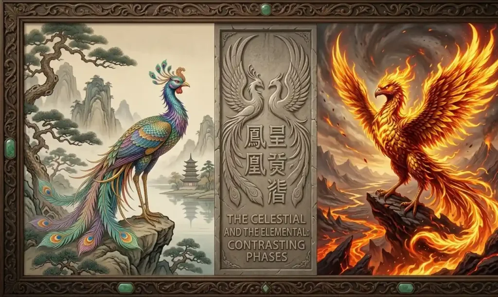 Fenghuang compared directly with a Western phoenix design.