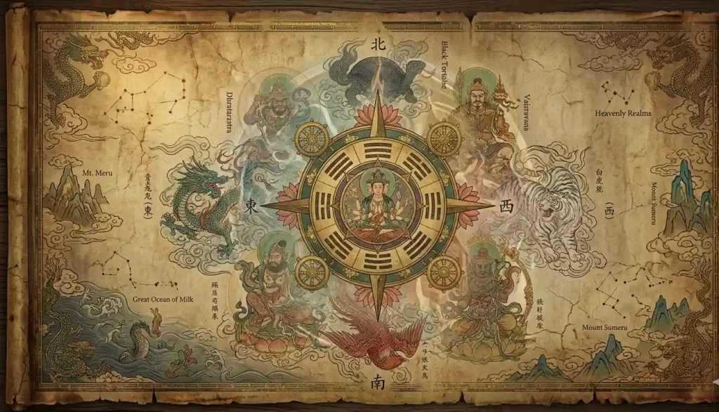 Map showing overlapping Chinese and Buddhist mythological direction systems