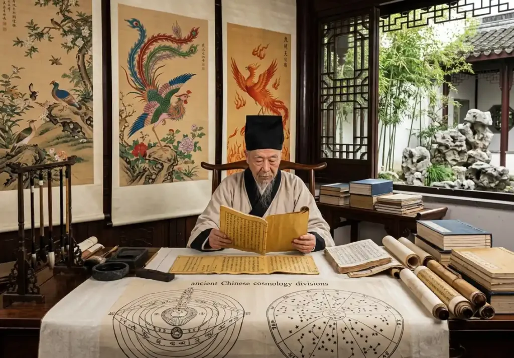 Scholar examining differences between sacred Chinese birds.
