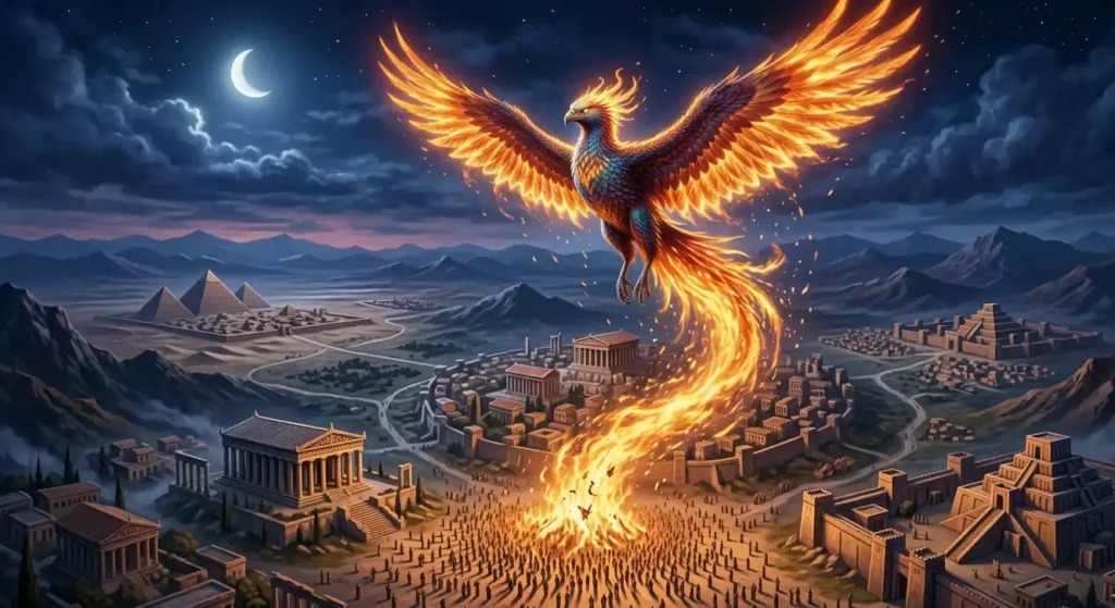 Mythical phoenix flying above ancient cities and temples.
