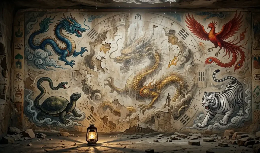 Ancient mural showing the Yellow Dragon fading from historical memory beside the Four Symbols