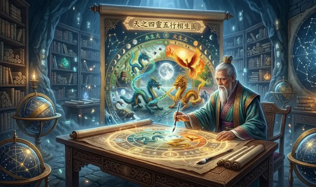 Ancient scholar examining diagrams of the Four Holy Beasts and Five Elements.