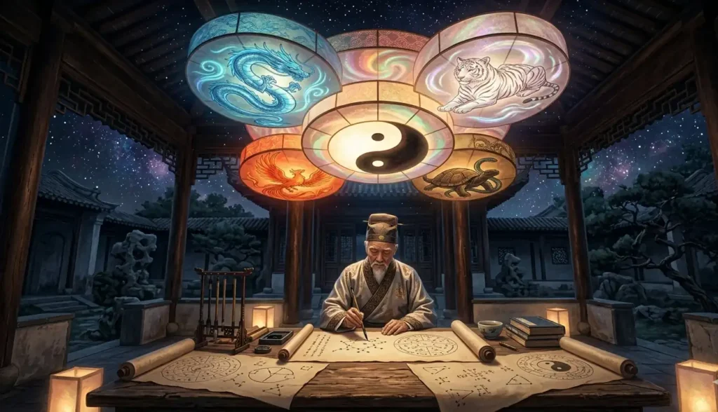 Scholar observing yin-yang and the four symbols in the night sky.