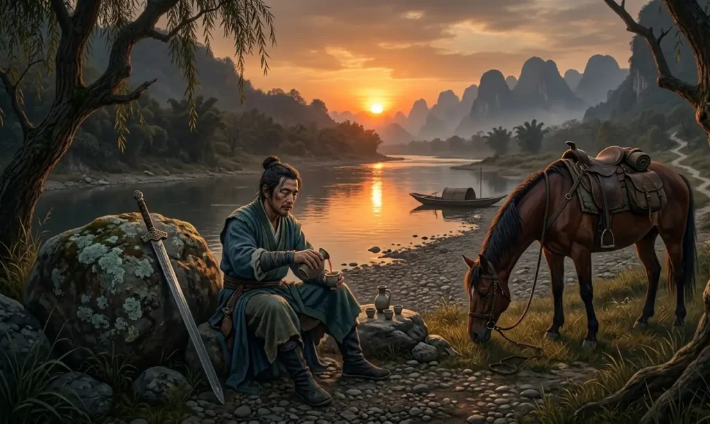 Wandering swordsman resting beside a river during sunset.