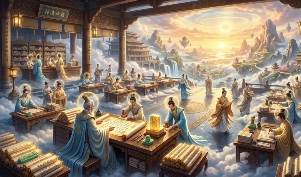 Heavenly bureaucracy managing celestial records and judgments.
