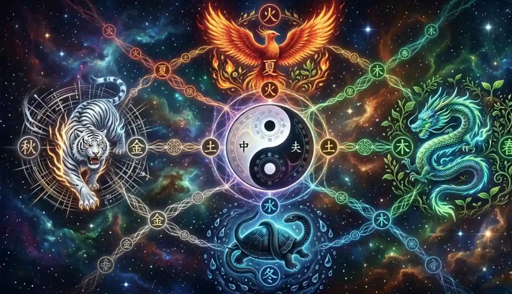 Interconnected cosmological symbols forming one unified system.