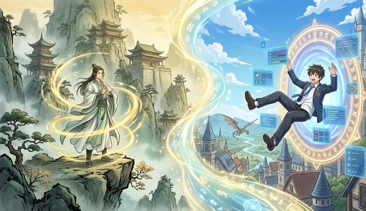 Split illustration of a xianxia cultivation world with qi spirals left and a glowing isekai portal fantasy world right