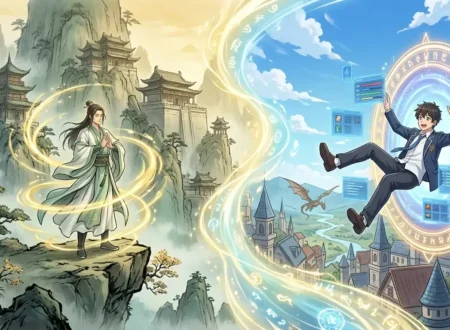 Split illustration of a xianxia cultivation world with qi spirals left and a glowing isekai portal fantasy world right