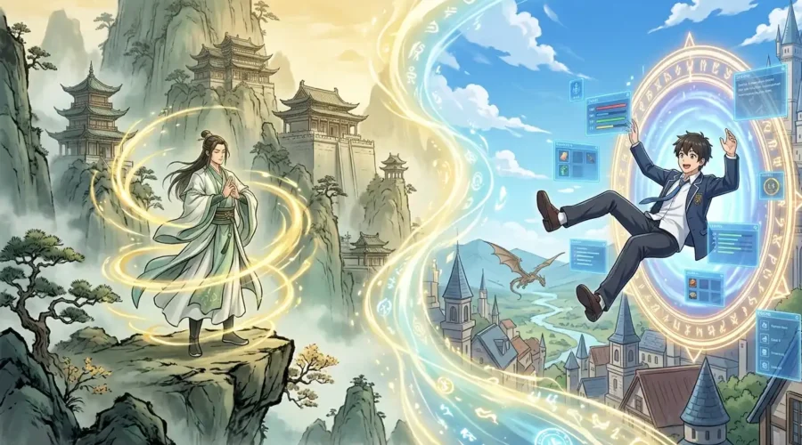 Split illustration of a xianxia cultivation world with qi spirals left and a glowing isekai portal fantasy world right