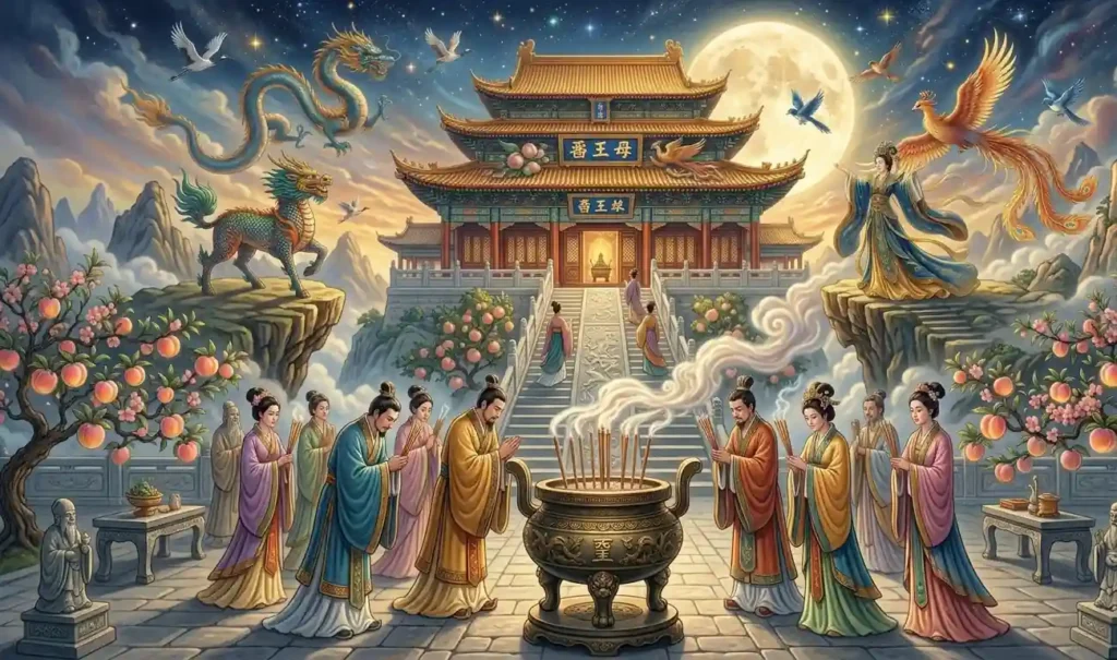 Devotees honoring Xiwangmu at a traditional Chinese temple.