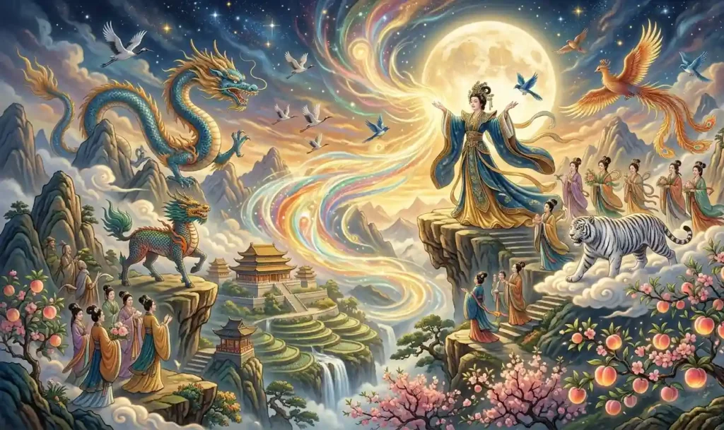 Xiwangmu displaying divine authority among immortals.