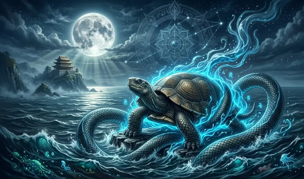 Black Tortoise and serpent rising from dark waters with glowing blue energy.