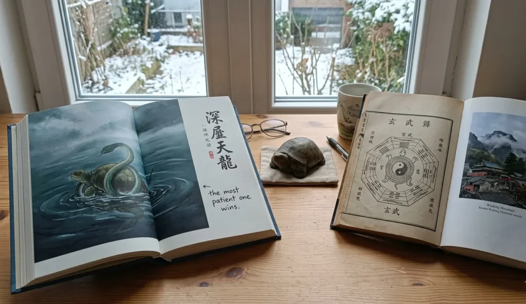 Reader's desk with cultivation novel open beside Xuanwu cosmological diagram a Wudang Mountain photo and a small stone tortoise