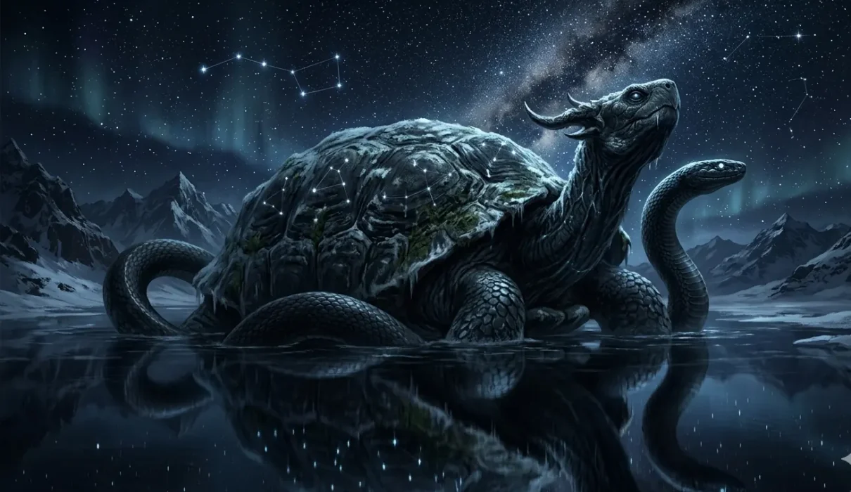 Majestic Xuanwu Black Tortoise with coiled serpent rising at midnight over still northern waters, with northern star patterns on the shell