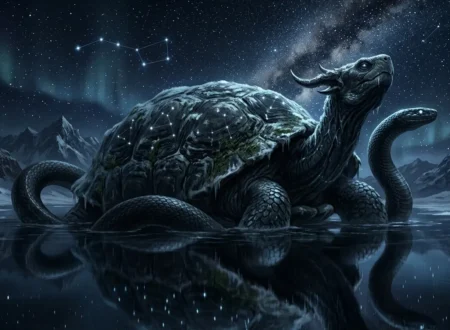 Majestic Xuanwu Black Tortoise with coiled serpent rising at midnight over still northern waters, with northern star patterns on the shell
