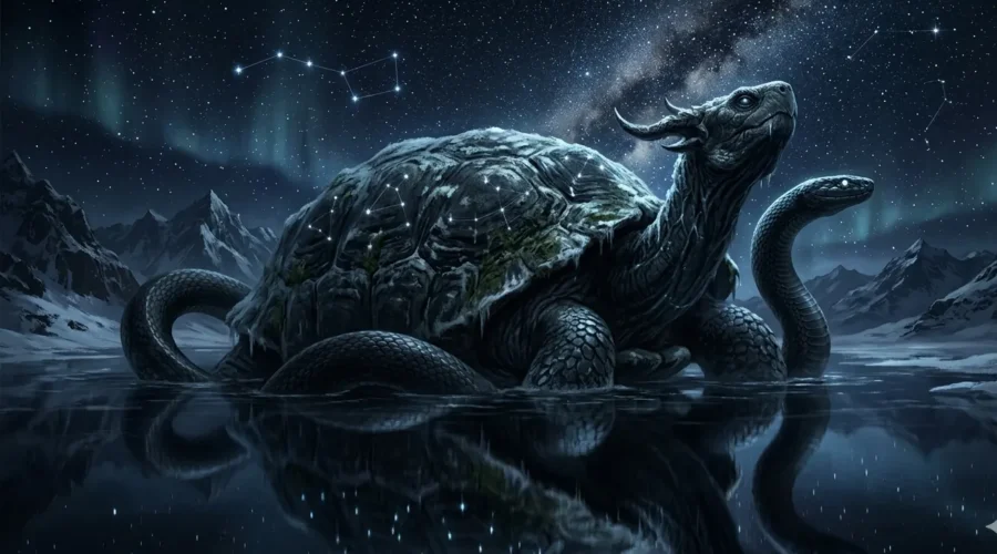 Majestic Xuanwu Black Tortoise with coiled serpent rising at midnight over still northern waters, with northern star patterns on the shell