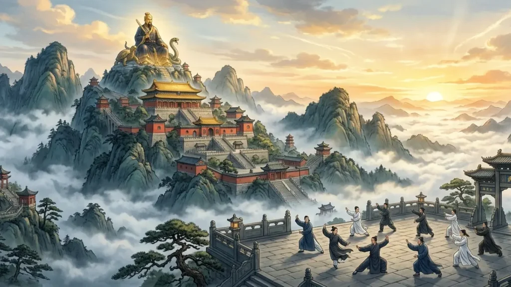 Panoramic dawn view of Wudang Mountain temple complex with Xuanwu statue at the highest peak and martial arts practitioners in the foreground