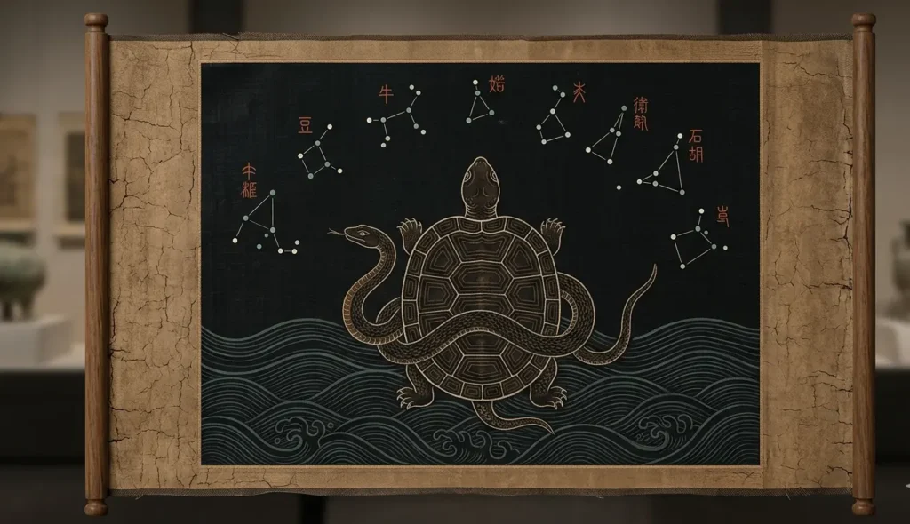 Han Dynasty style illustration of Xuanwu Black Tortoise in formal cosmological presiding posture facing north beneath the seven northern lunar mansion stars
