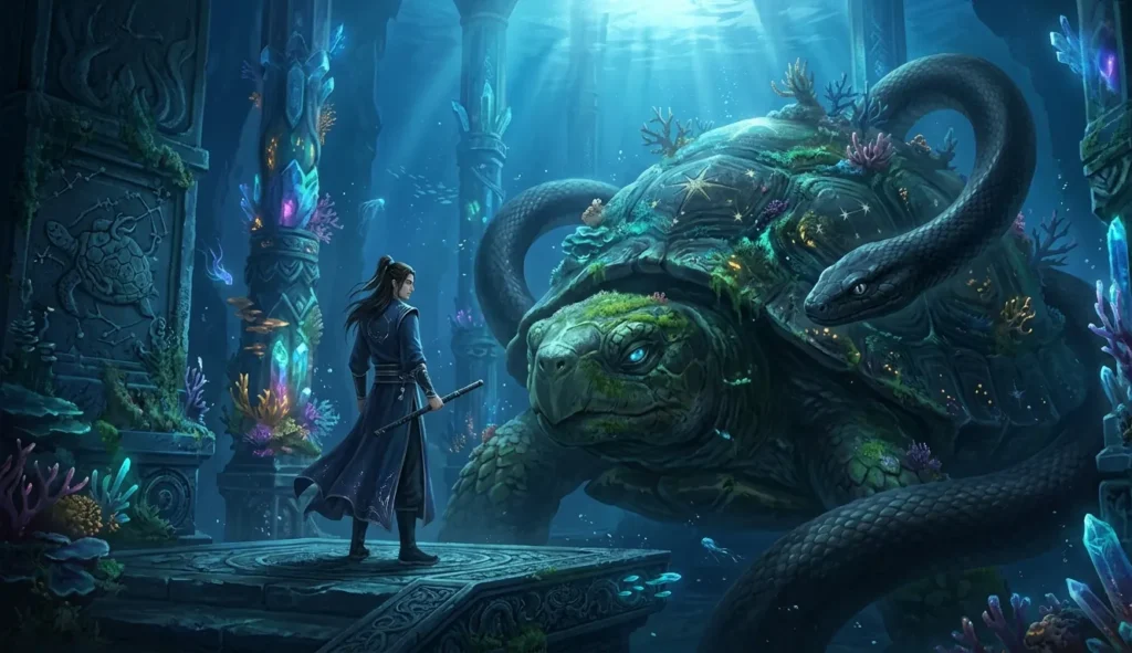 Xianxia cultivator in dark water robes standing before an enormous ancient Xuanwu divine beast in a deep underwater crystal palace setting